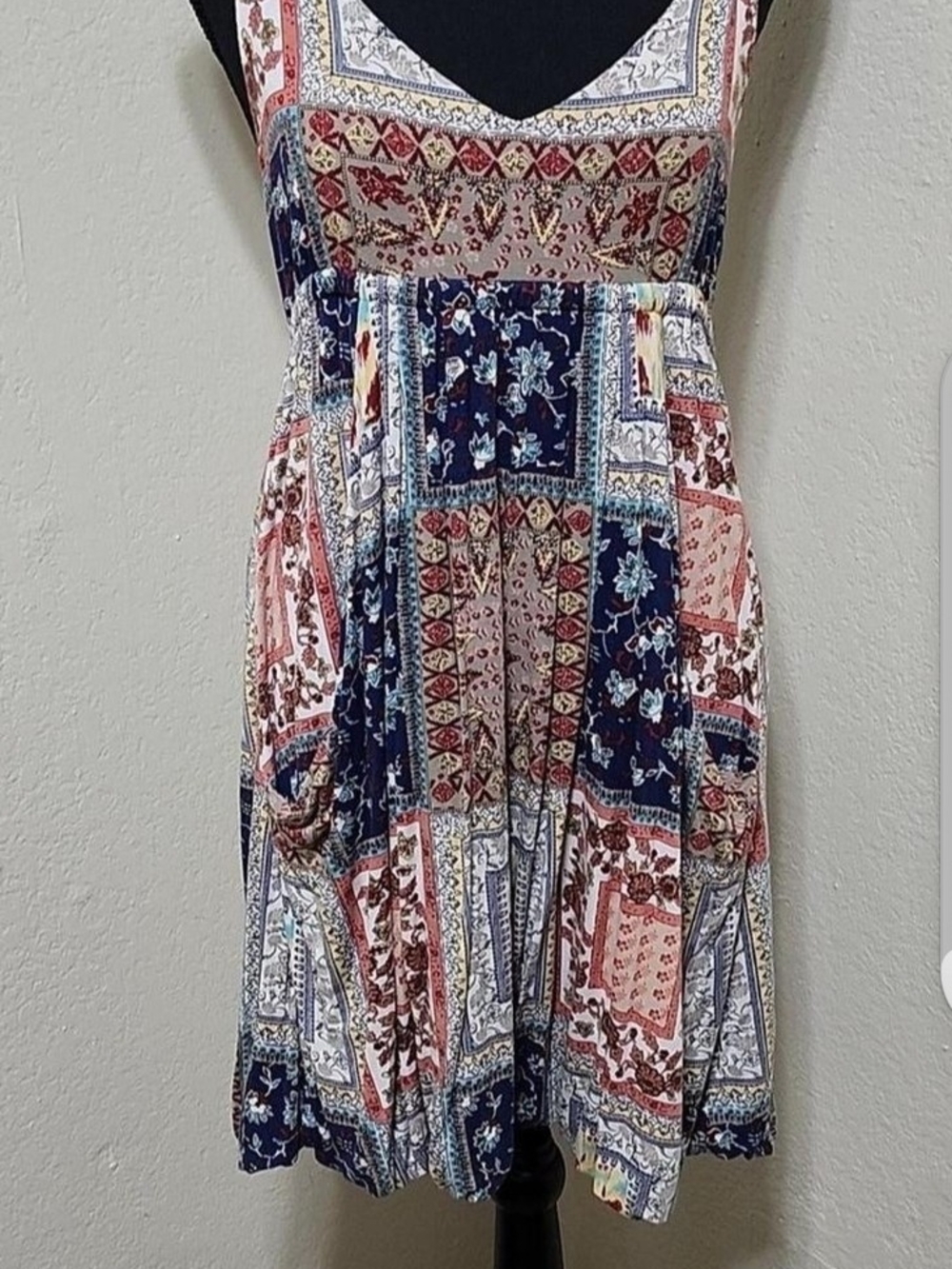 American Rag Boho Patchwork Mini Dress in Navy, Pink, Cream